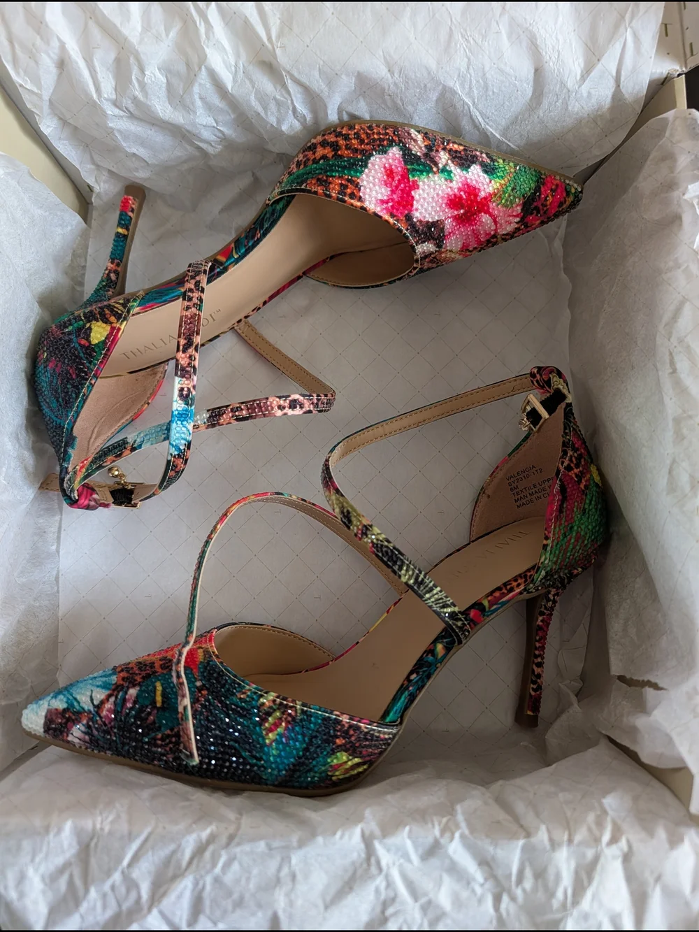 Thalia Sodi Colorful Floral Cross-Strap Emblished Heels SZ  6 NEW IN BOX